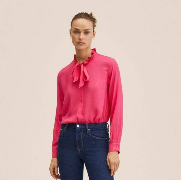 Mango Tops - *** SOLD *** Mango Fru Fushia Chiffon Blouse Barbiecore Ruffled High Neck NWT XS